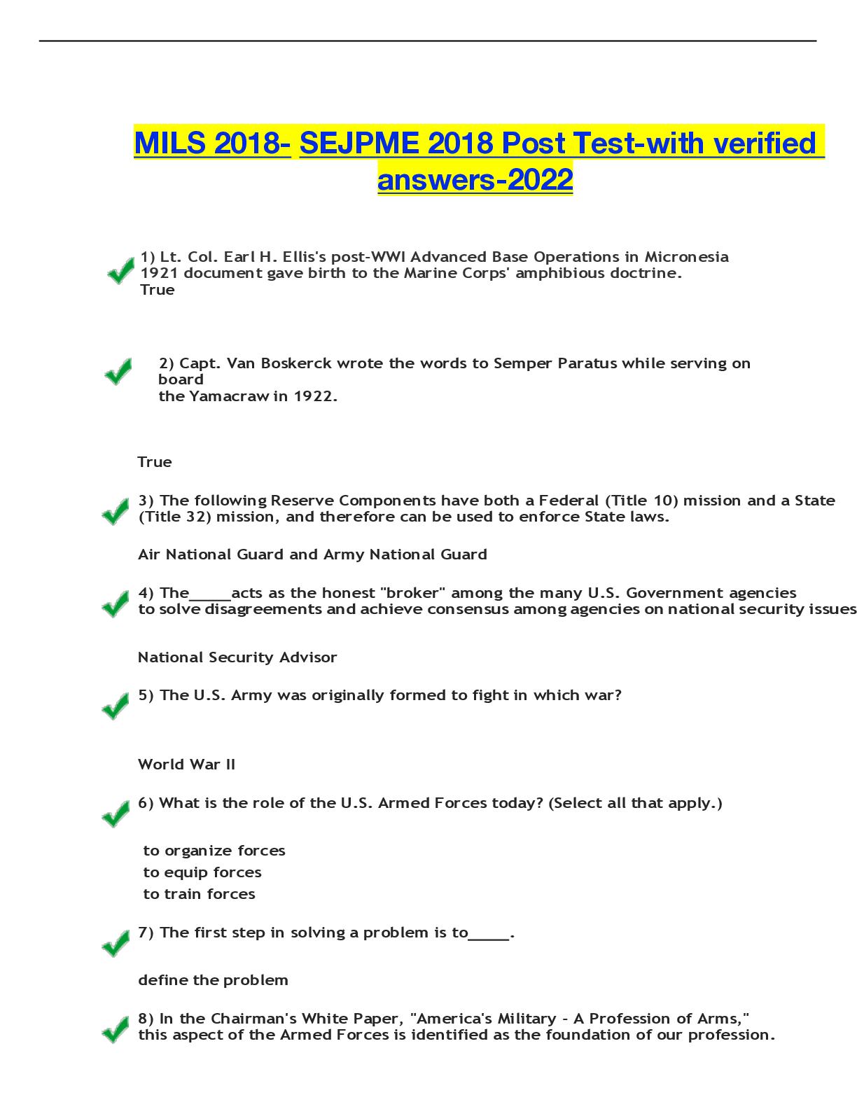 Preview of MILS 2018- SEJPME 2018 Post Test-with verified answers-2022